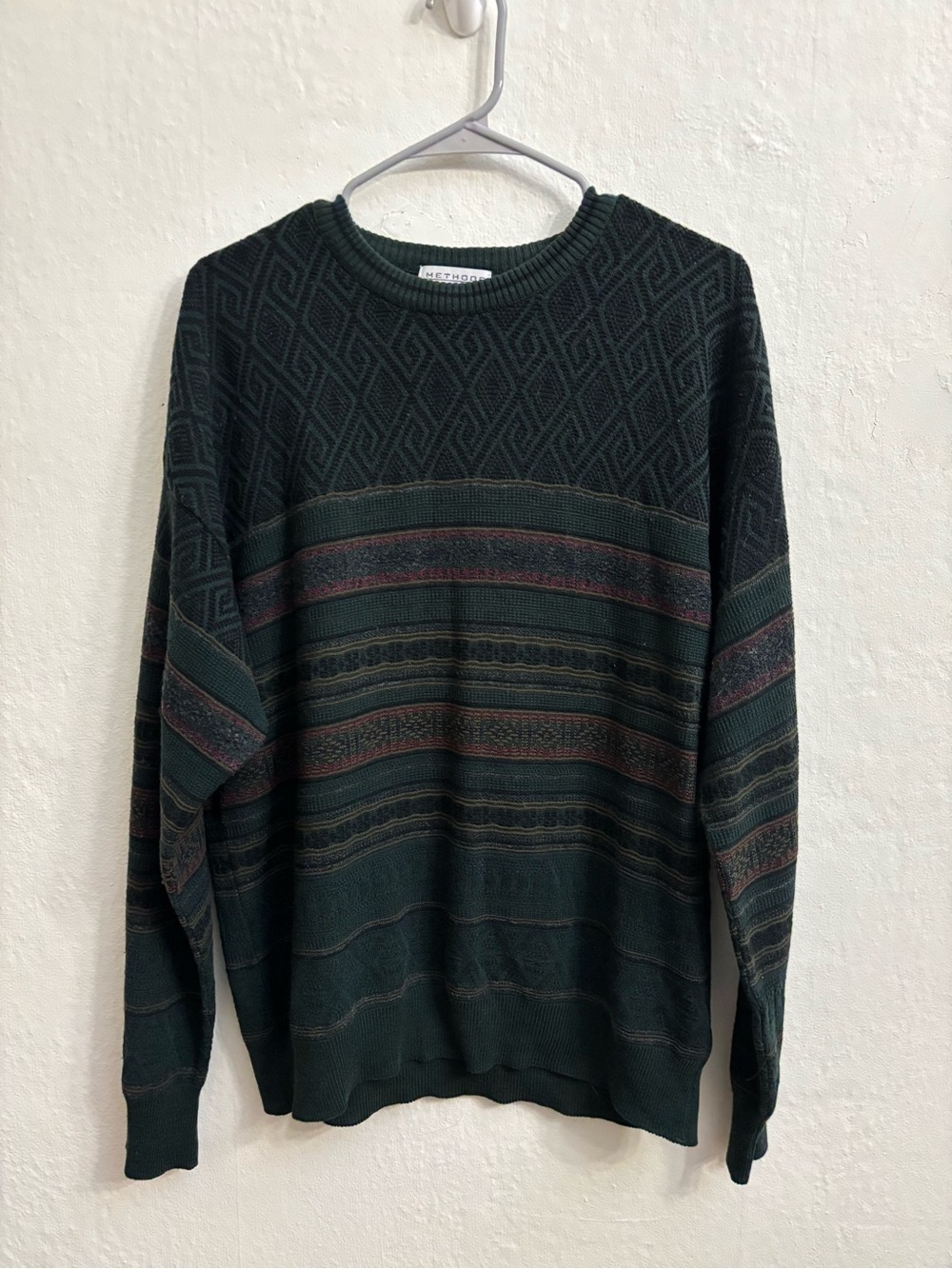 Dark Green Patterned Crewneck Sweater - Unbranded